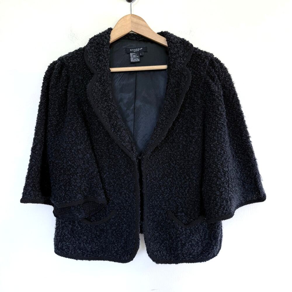 SANDRO black boucle textured flutter sleeve cropped wool dinner jacket